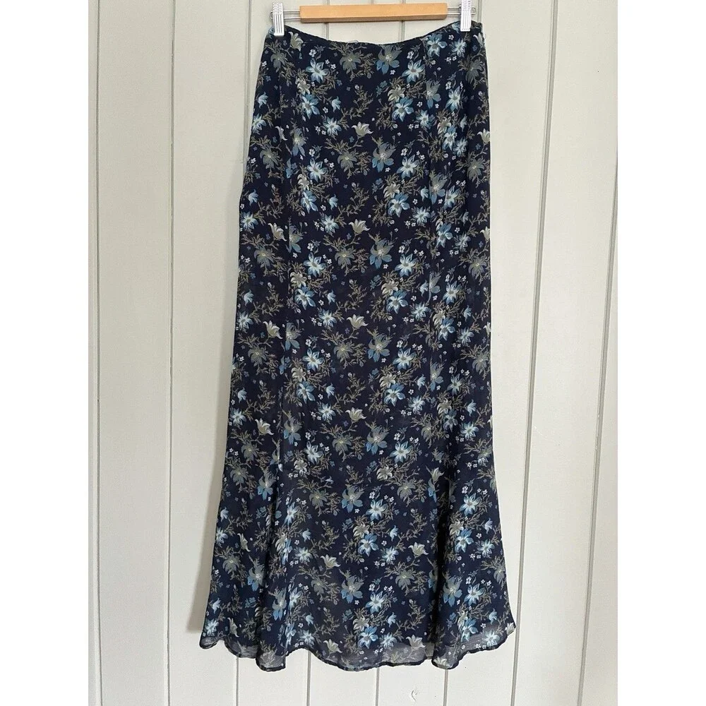 Free People Femme Edge Maxi Skirt 12 Ink Blue Floral Sheer Flowy Wrap Side Tie